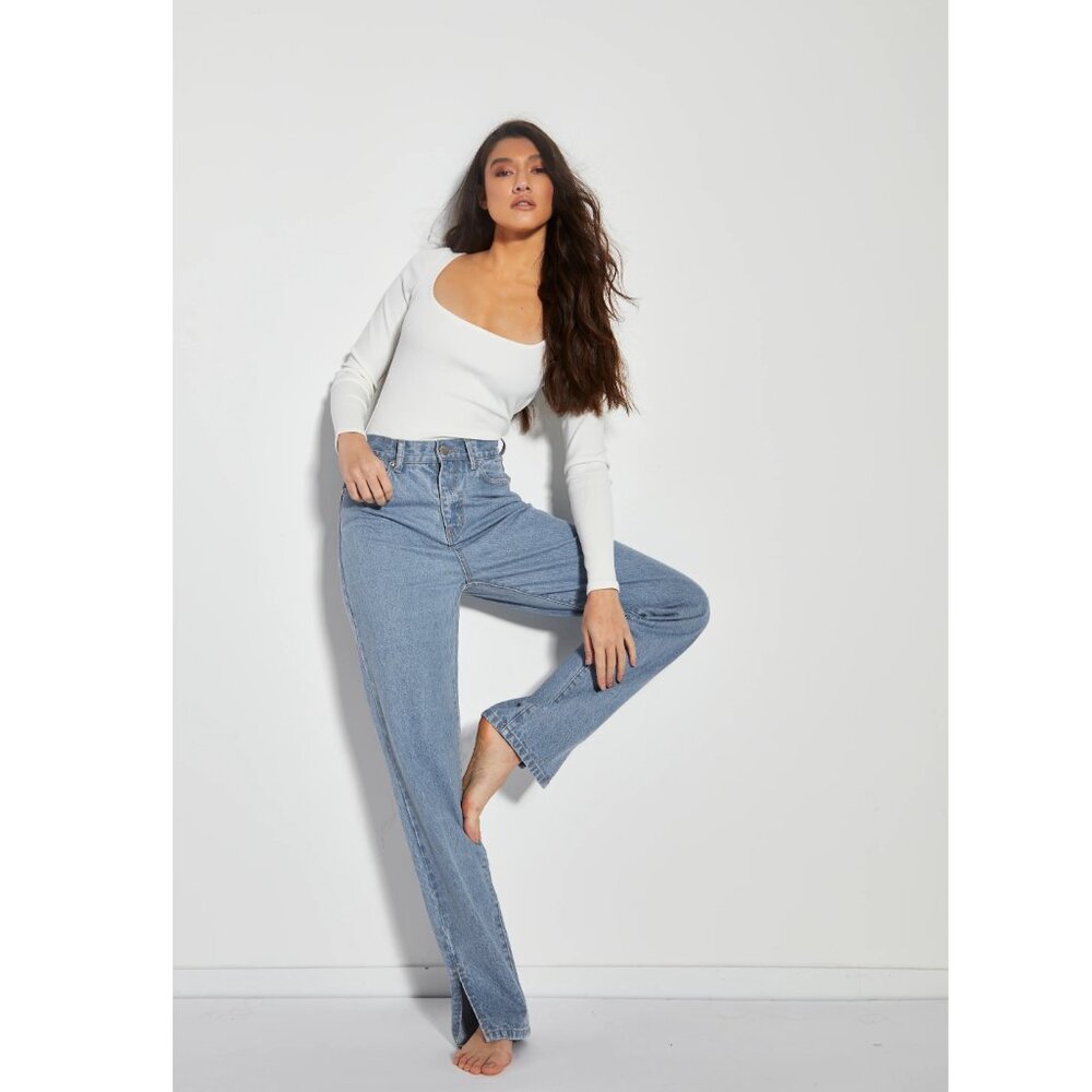 Glamorous Denim Blue High Waisted Straight Leg Jeans with Side Split